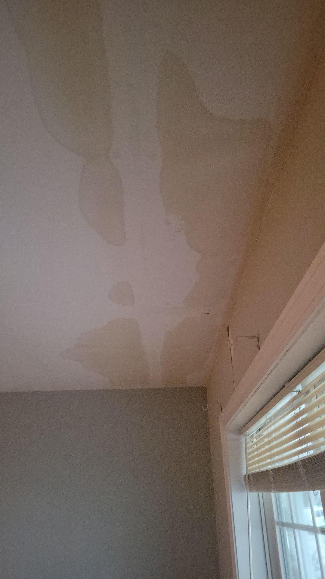 Water-stained ceiling above a window with blinds and a gray wall section