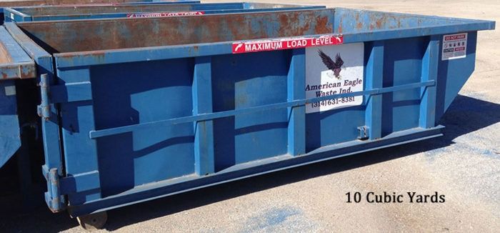 Blue 10-cubic-yard dumpster with American Eagle Waste Inc. logo, parked on pavement.