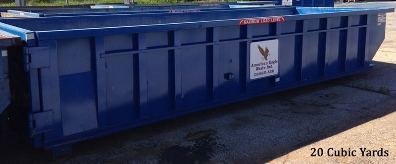 Blue 20 cubic yard dumpster with a company logo.