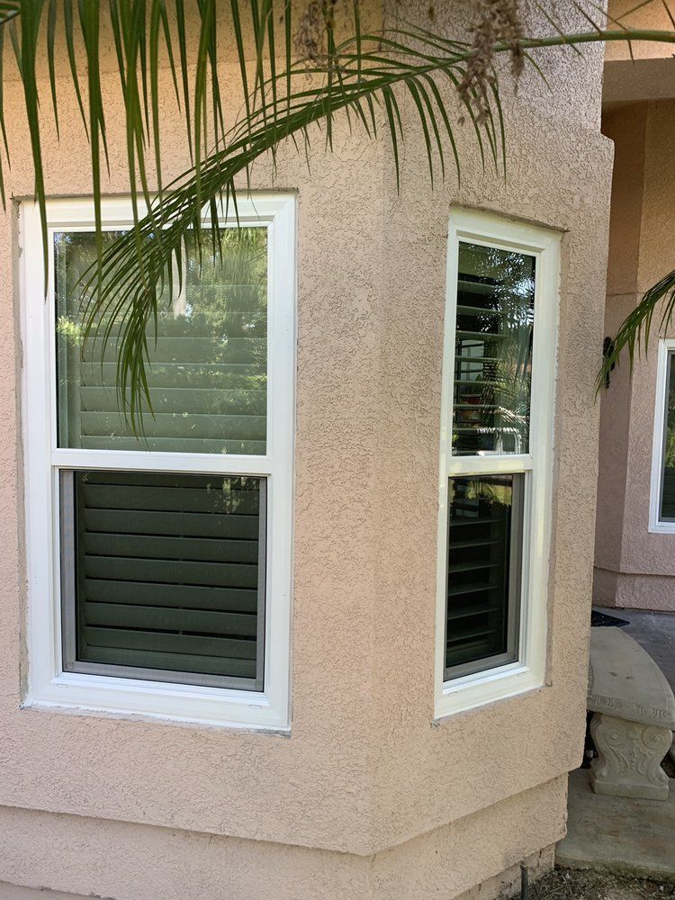 A house with two windows and a palm tree in the background.