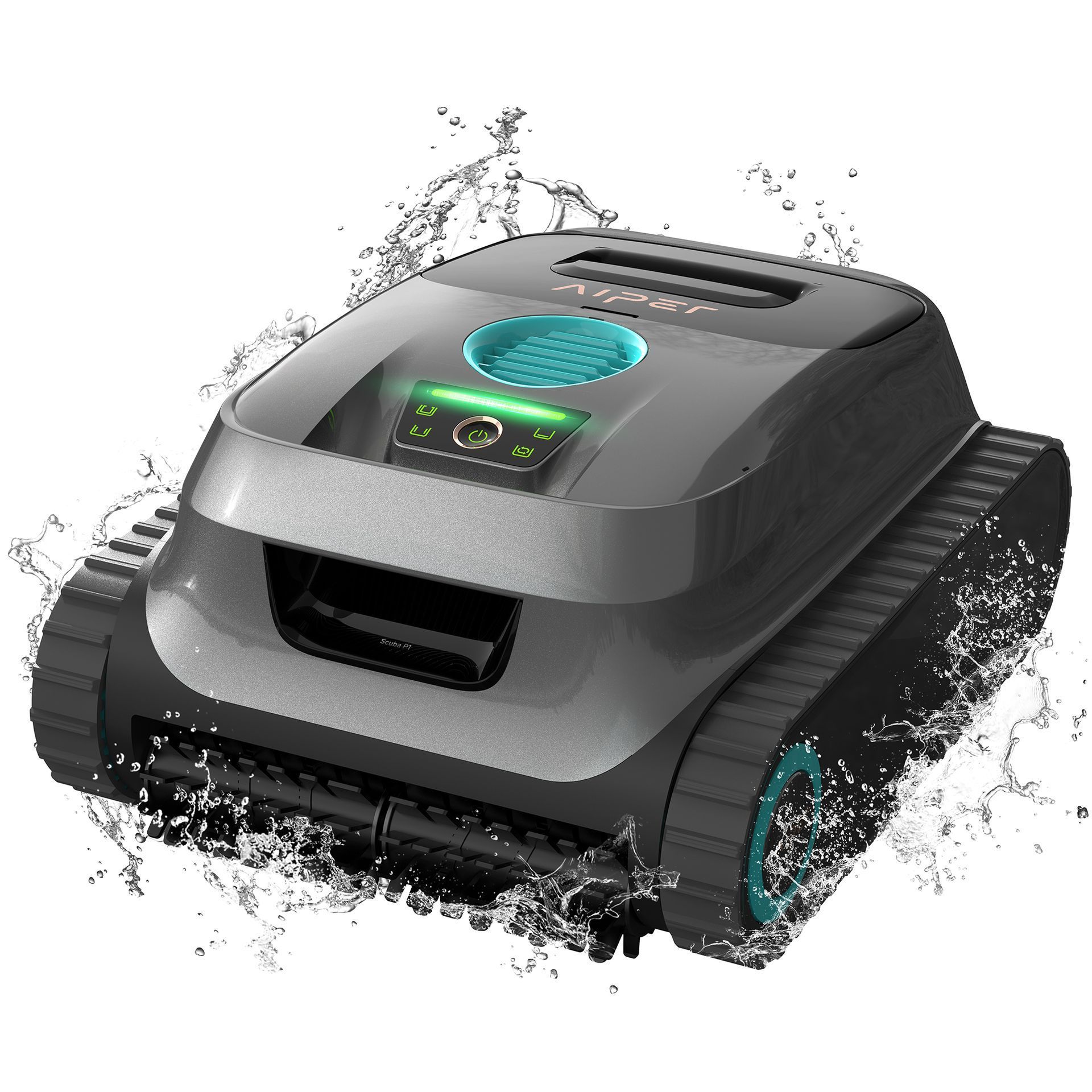 Robotic pool cleaner with black body, teal accents, and track wheels splashing in water