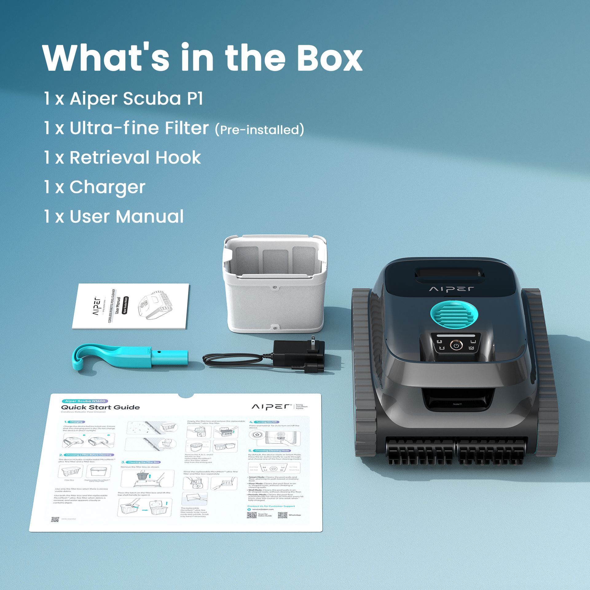 Scuba P1 box contents shown with unit, filter, charger, hook, and manual on a light blue background