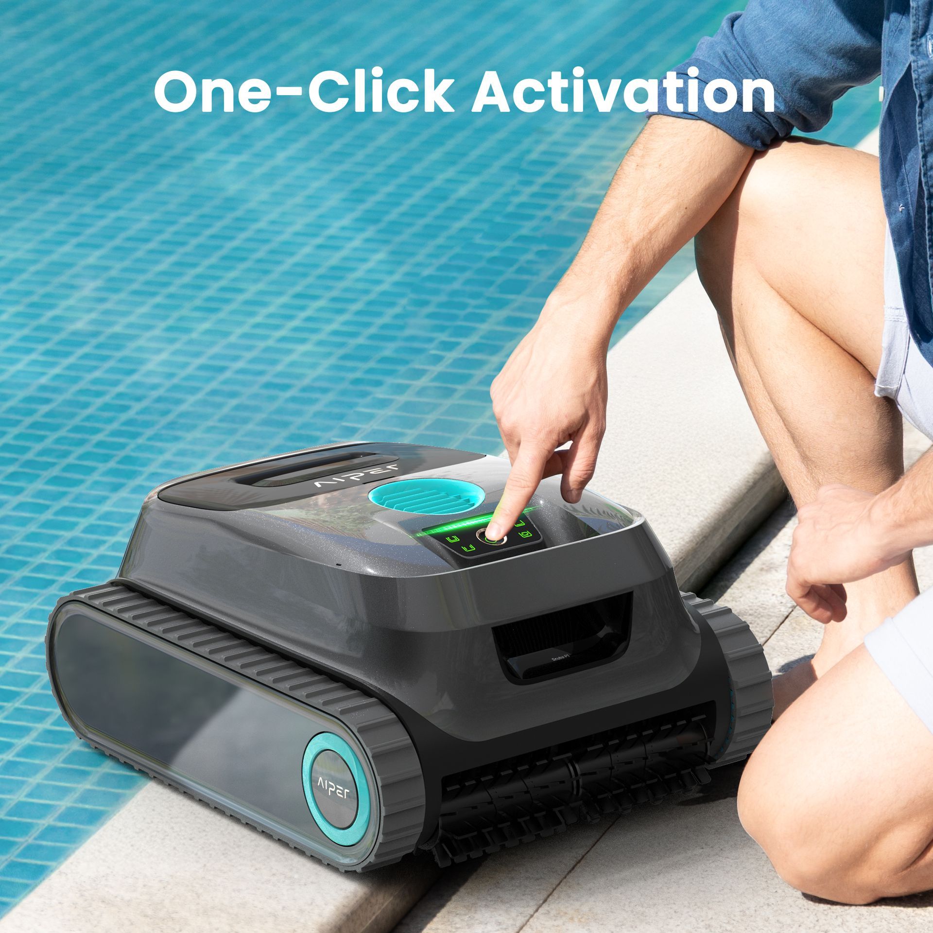 Person pressing a pool-cleaner control panel beside a swimming pool, with “One-Click Activation” text.