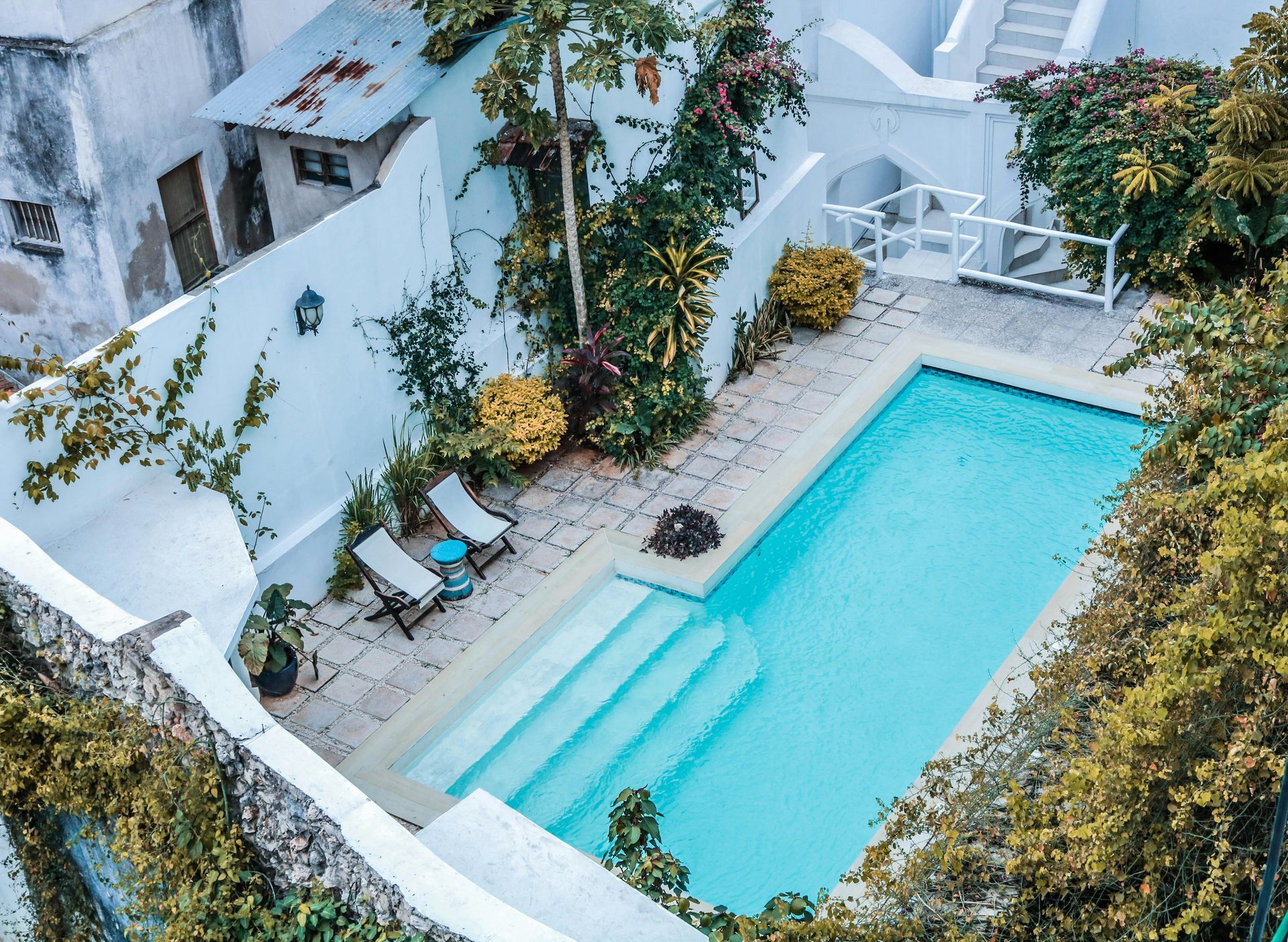 High-angle view of a rectangular turquoise swimming pool in a white-walled courtyard with deck chairs and lush greenery.