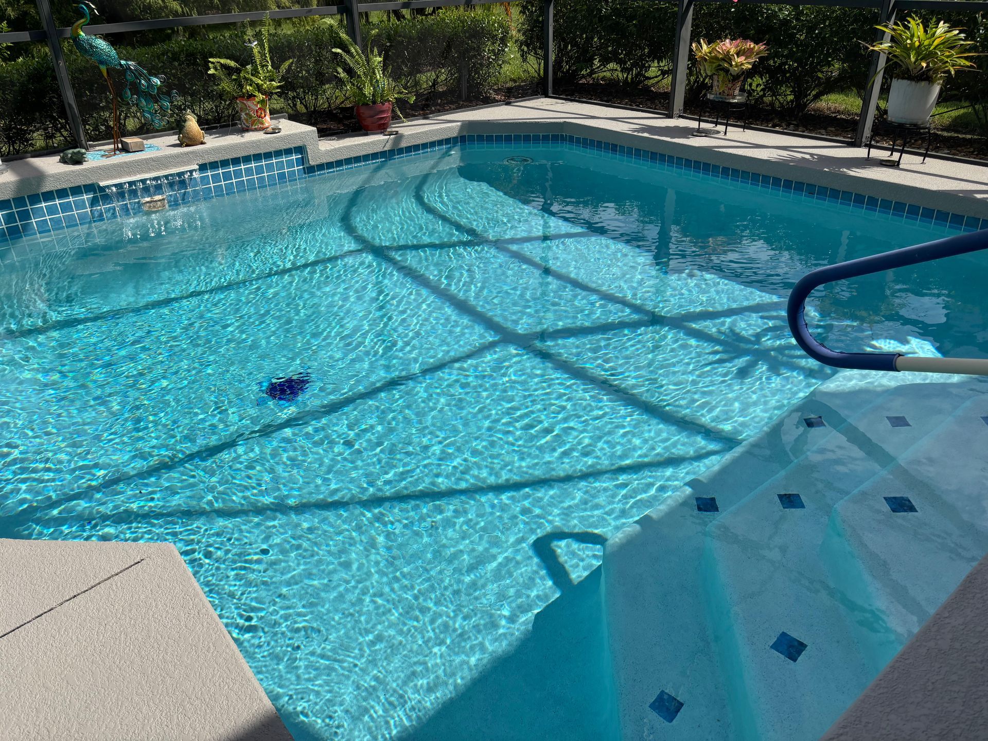 A sparkling blue swimming pool with steps, a handrail, and a surrounding patio, seen under a shaded enclosure.