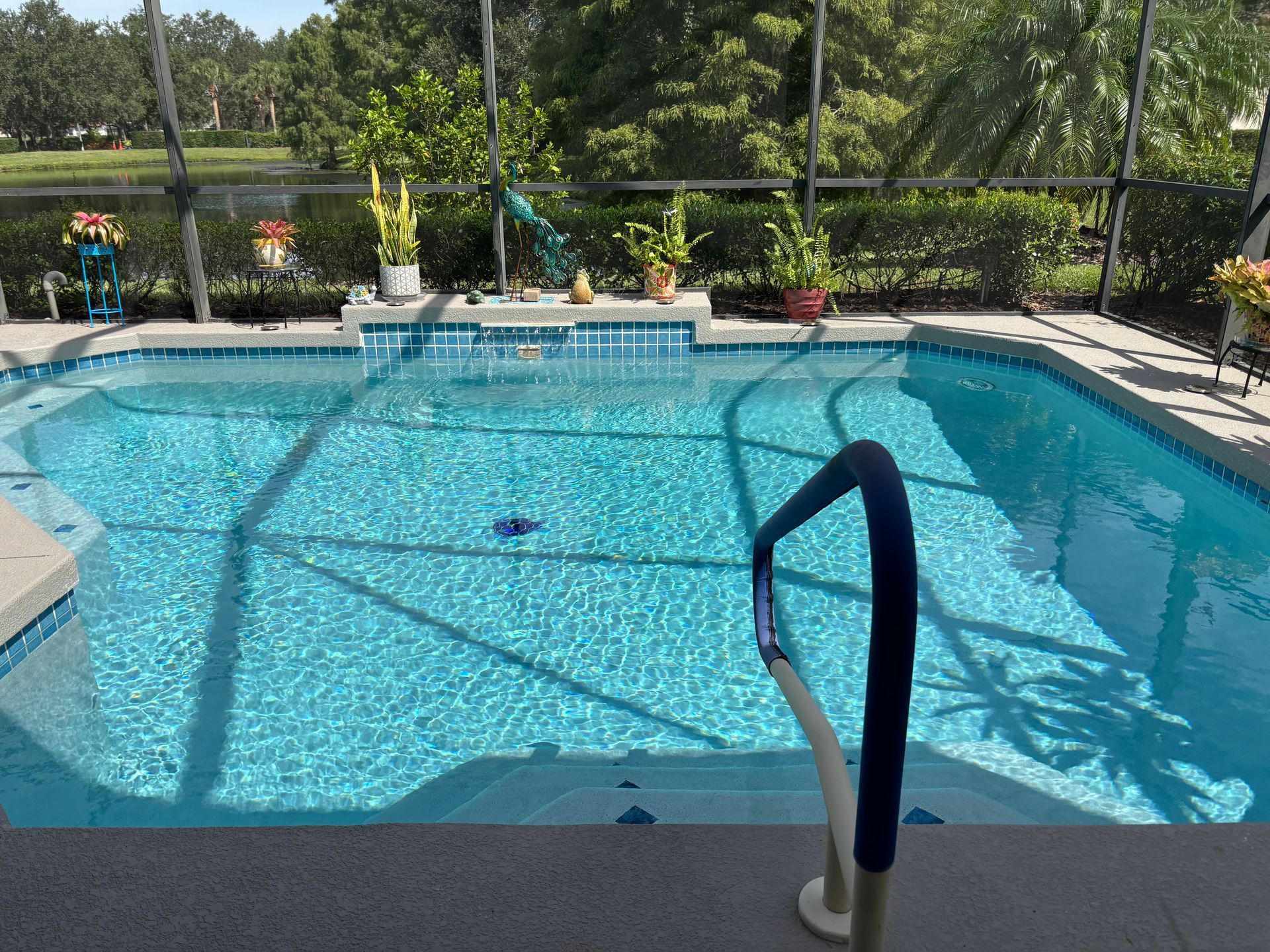 A residential swimming pool with blue water, steps, and a handrail, enclosed by a screened lanai overlooking greenery.