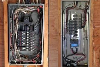 A before and after picture of a electrical panel.