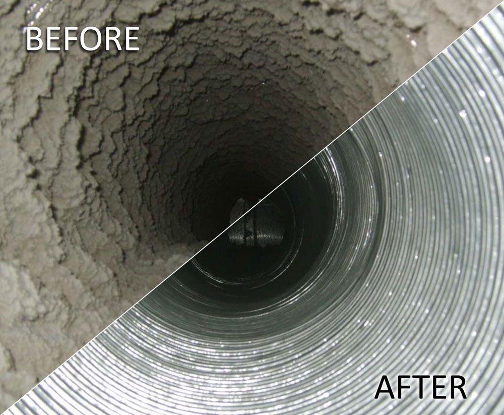 A before and after picture of a duct that has been cleaned