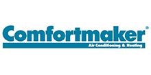 The comfortmaker air conditioning and heating logo is blue and white.