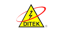 A yellow triangle with a lightning bolt and the word ditek on it.
