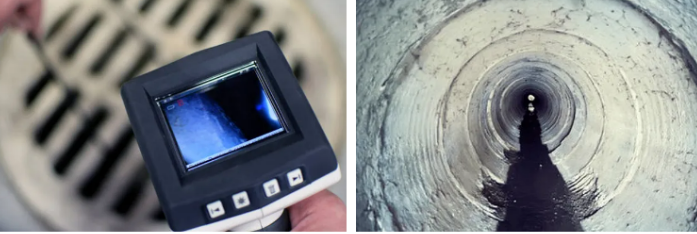 A person is holding a camera next to a drain and a picture of a drain.