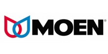 The moen logo is red , blue and black on a white background.
