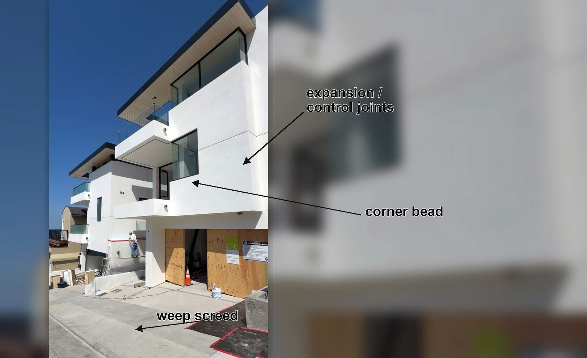Modern white building with balconies and labeled exterior details, including corner base and roof soffit.