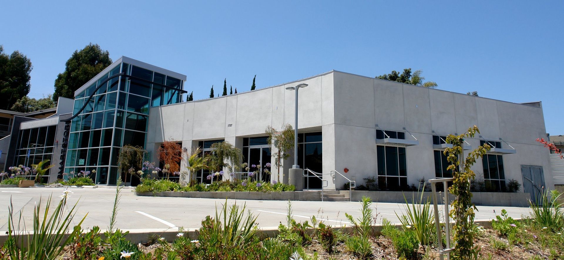 Modern white building with glass entrance and landscaped greenery under a clear sky