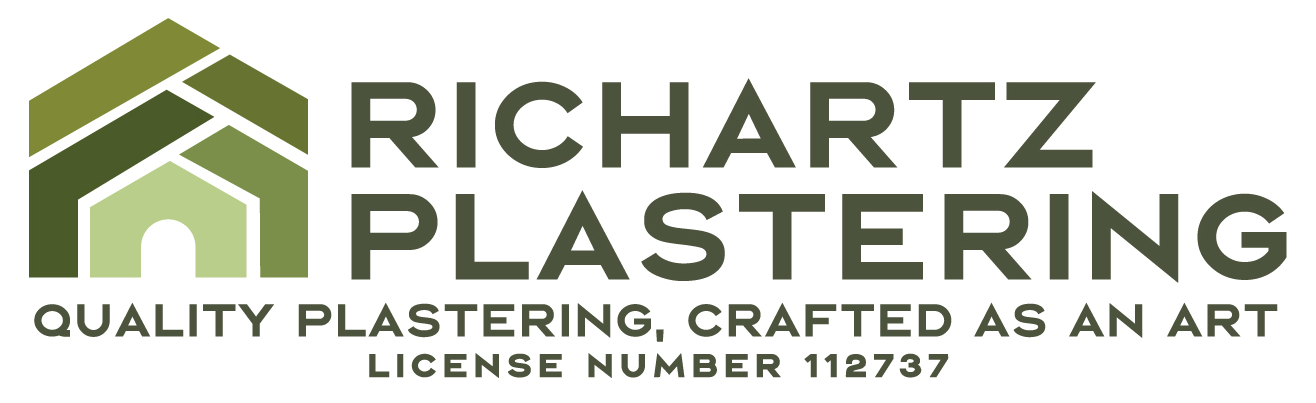 Richartz Plastering logo with green house icon and gray text on white background