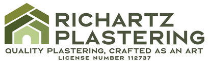 Richartz Plastering logo with green house icon and gray text on white background
