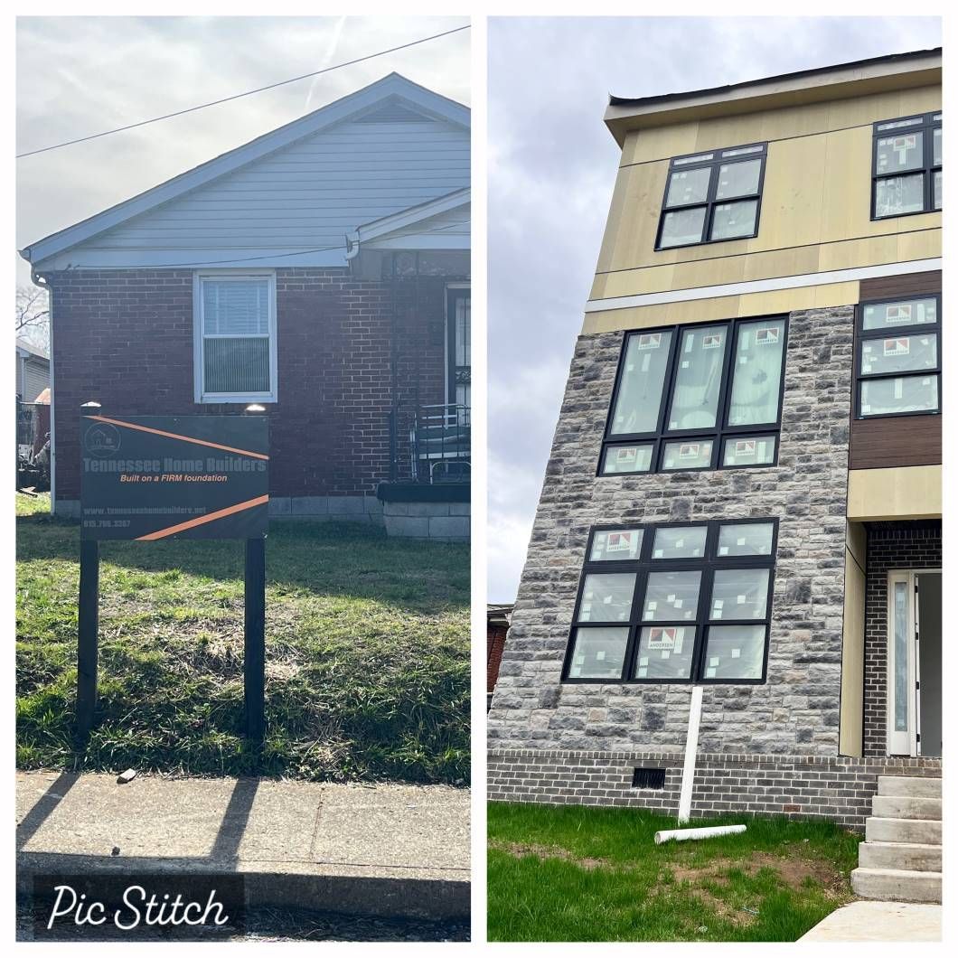 A before and after picture of a house with a sign in front of it.