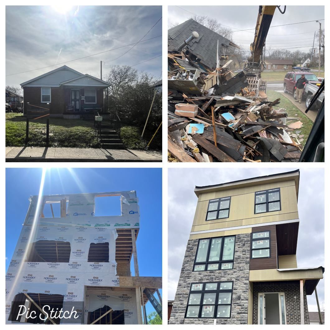 A collage of pictures of a house under construction and a house being demolished.