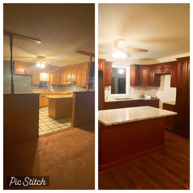 A picture of a kitchen before and after being remodeled