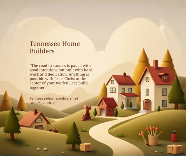 Cartoon illustration, Houses on rolling hills, Tennessee Home Builders logo. A quote about success and faith.