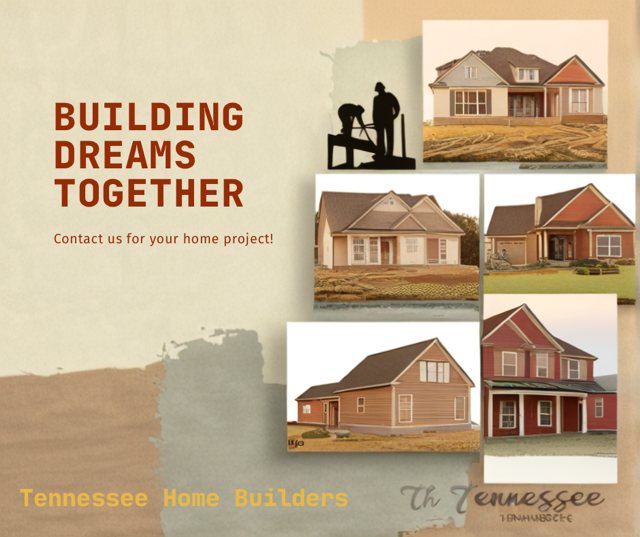 An advertisement for Tennessee Home Builders features six house photos, a silhouette of the builders, and the text 