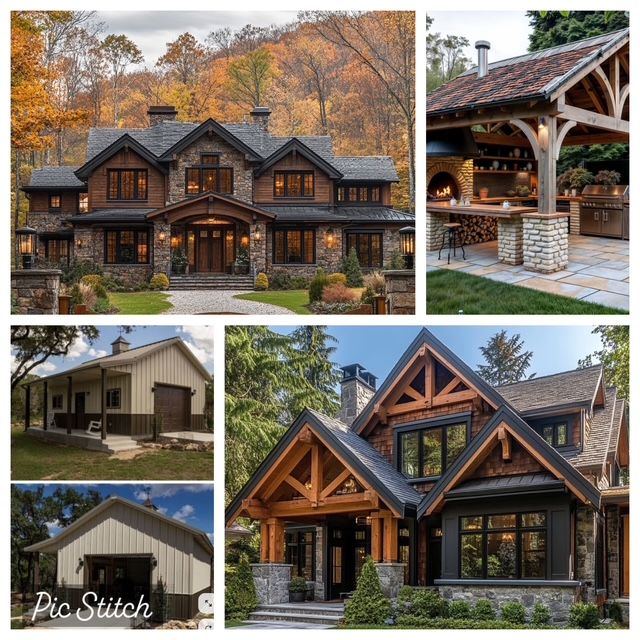A collage of rustic homes with stone, wood, and an outdoor kitchen. Autumn foliage provides the backdrop.