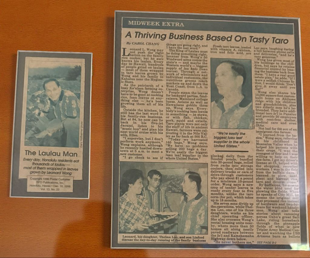 Newspaper articles framed on a wooden surface. One features a man, others show business operation.