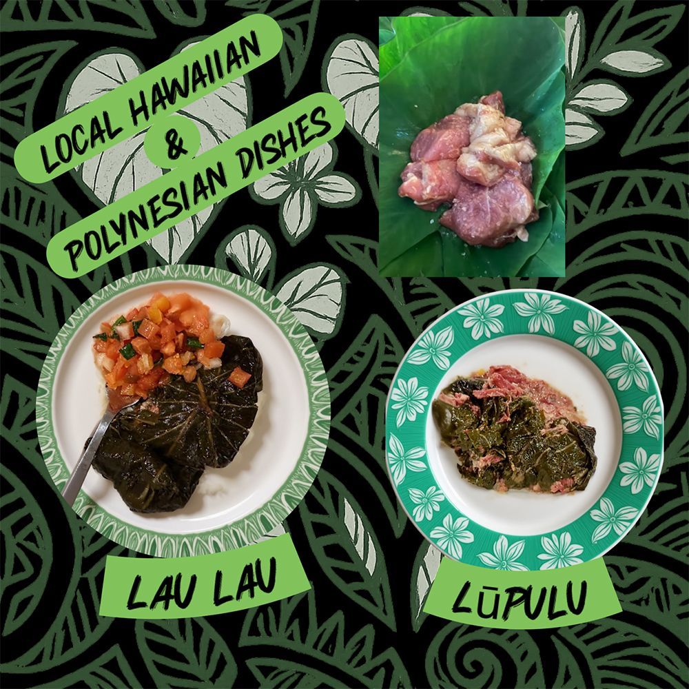 Hawaiian food ad: Lau Lau and Lū Pulu served on plates. Also, raw meat on a leaf.