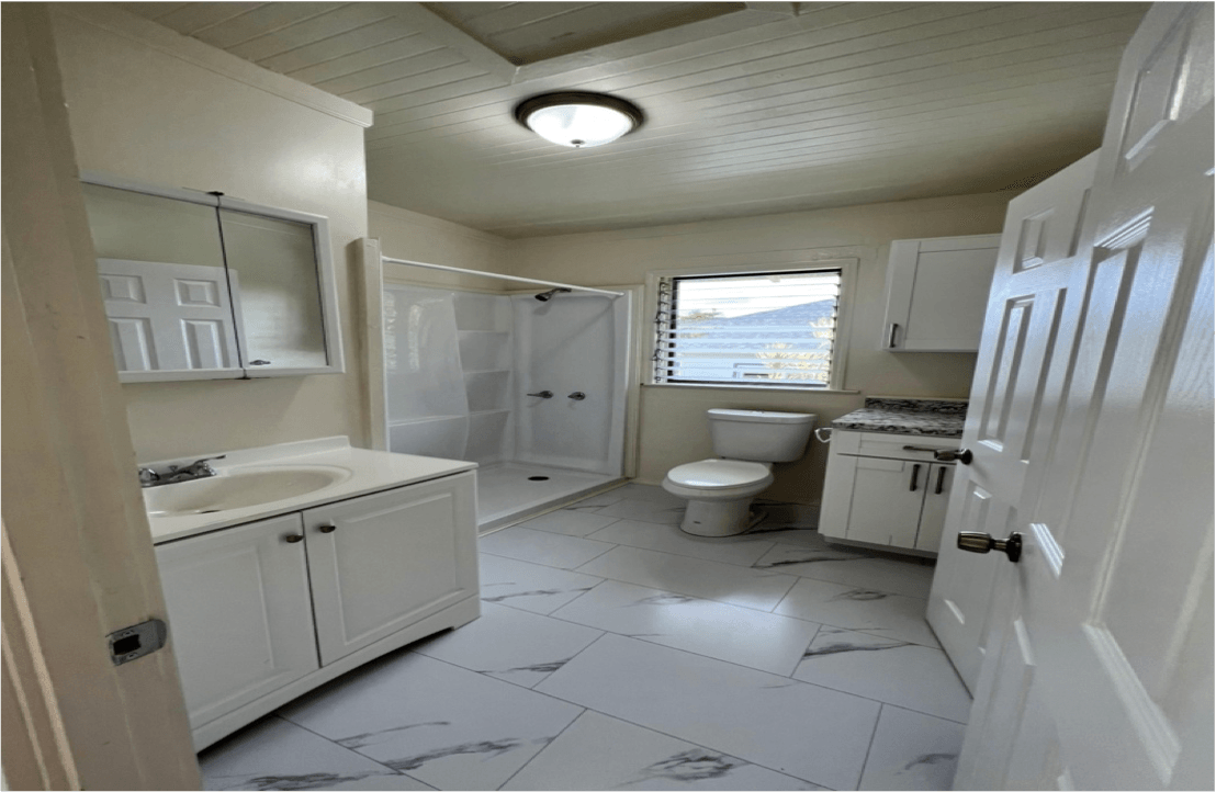 White bathroom with sink, toilet, shower, and cabinets.