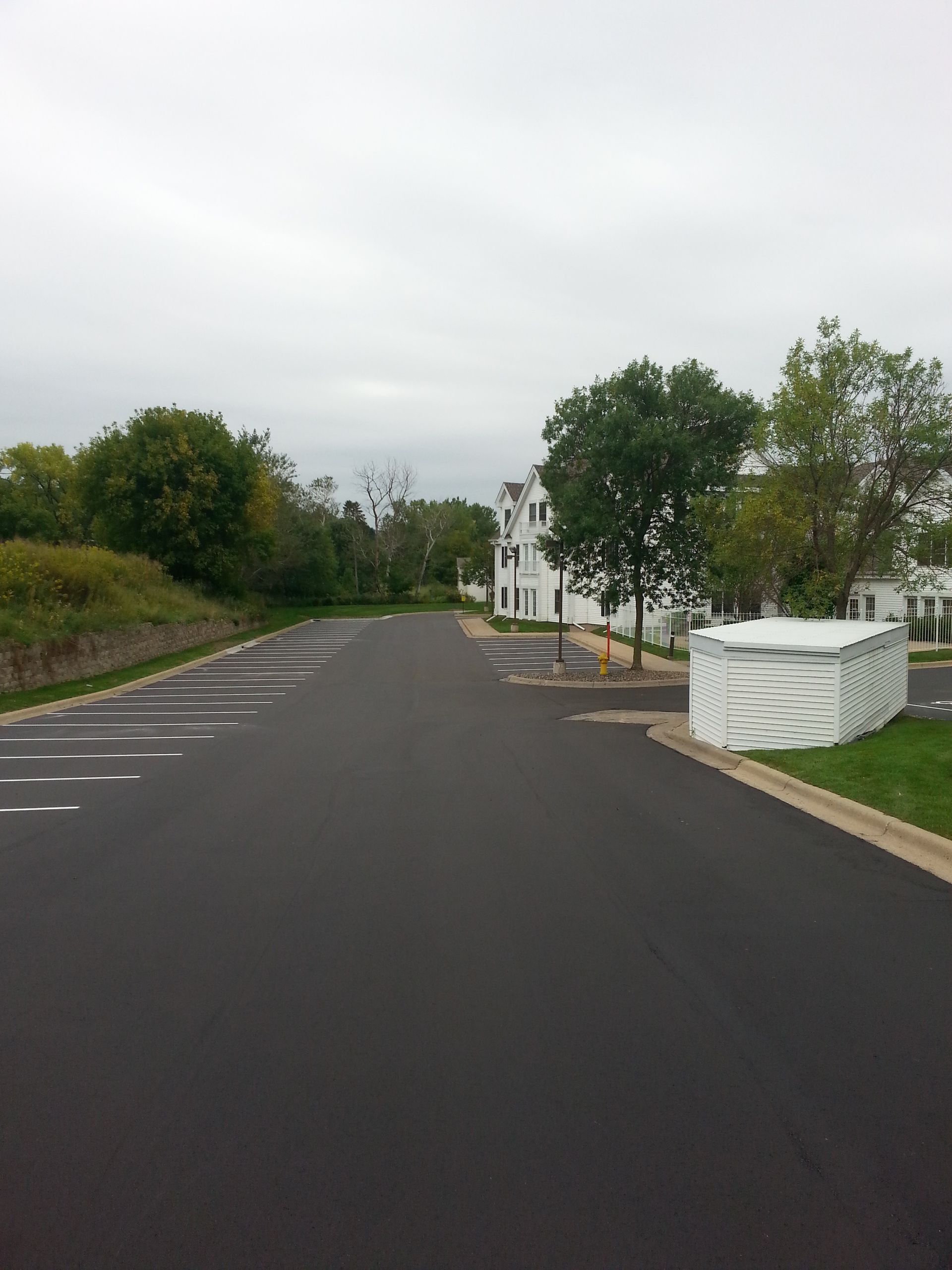 Quiet paved road beside trees and a white house under an overcast sky