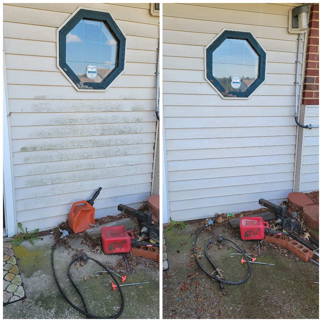 A before and after photo of a white house with a window