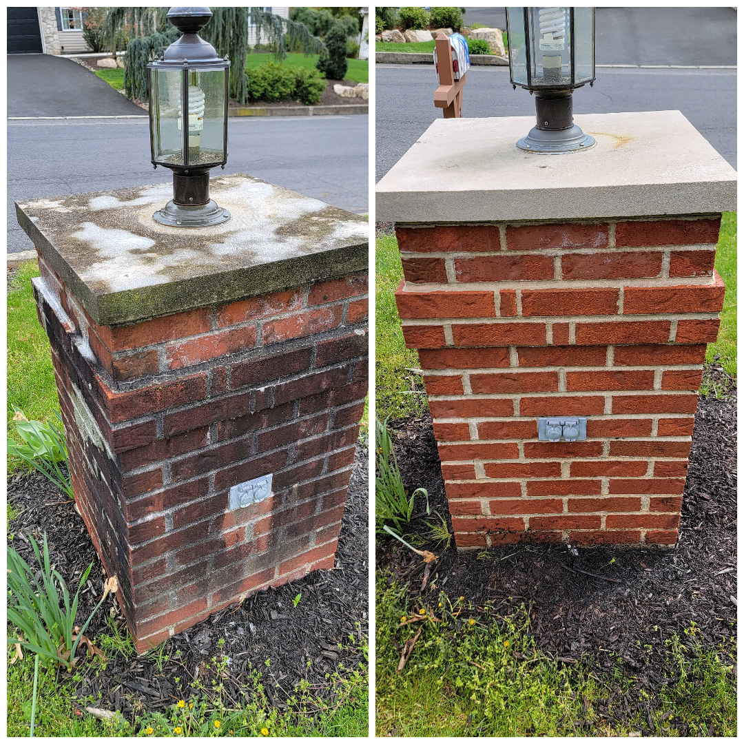 A before and after photo of a brick post with a lamp on top of it