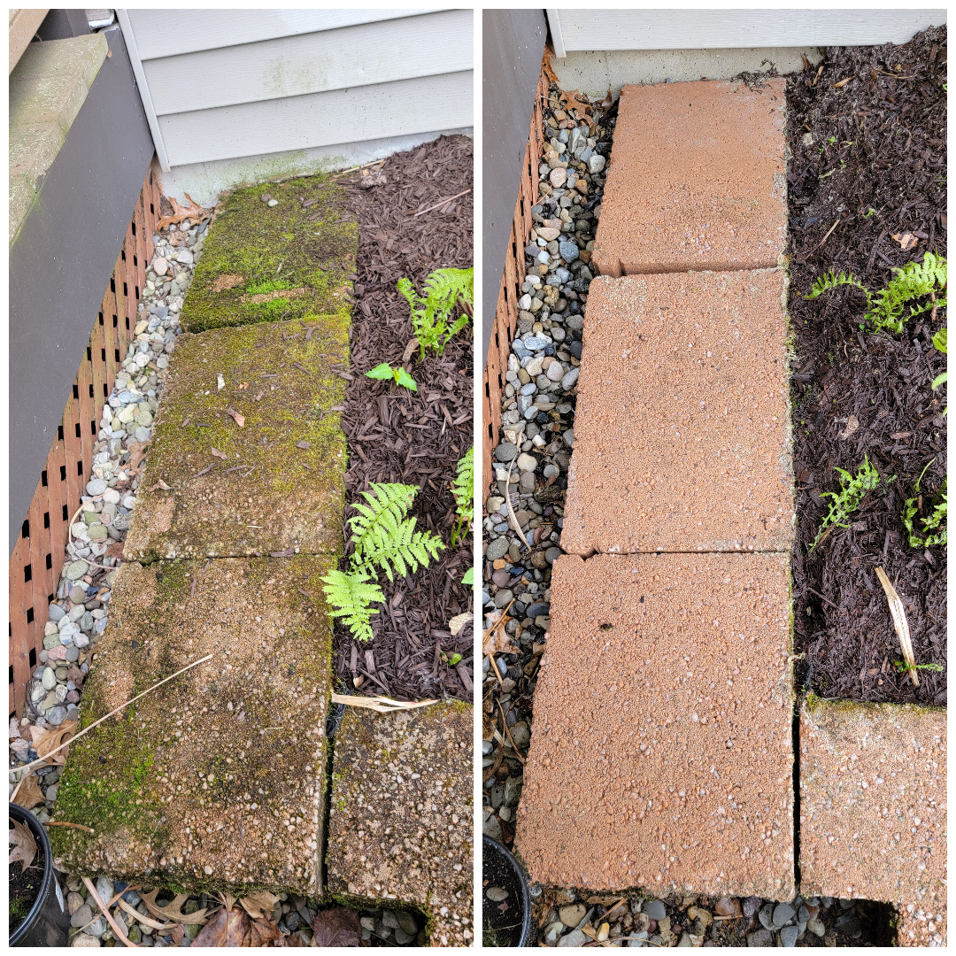 A before and after photo of a brick walkway with moss growing on it