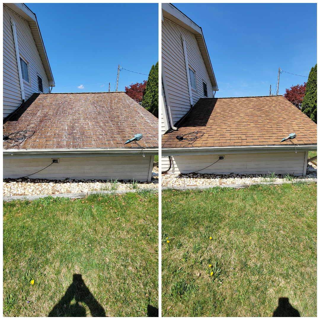 A before and after picture of a house 's roof being cleaned