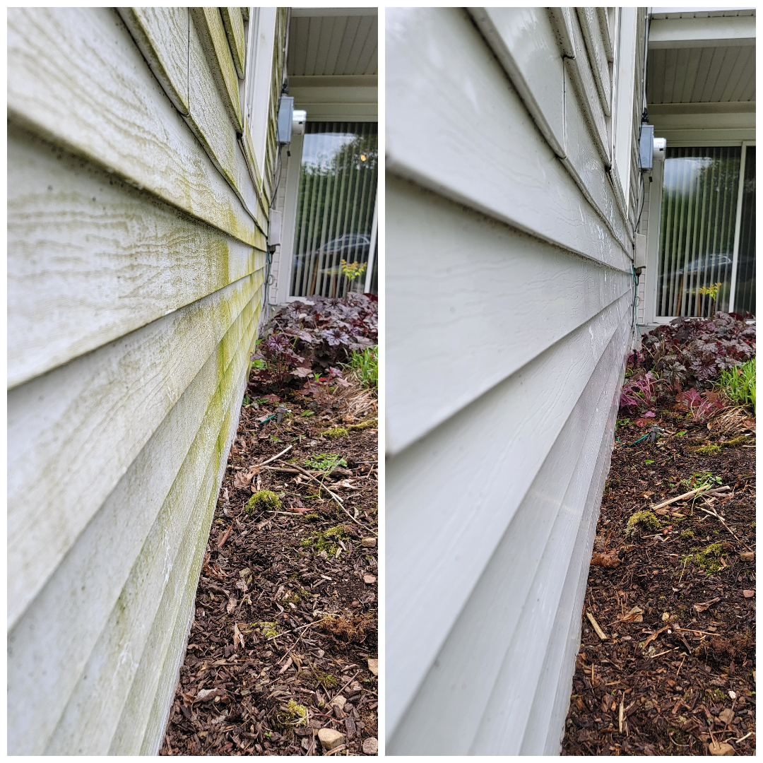 A before and after picture of a house siding being cleaned