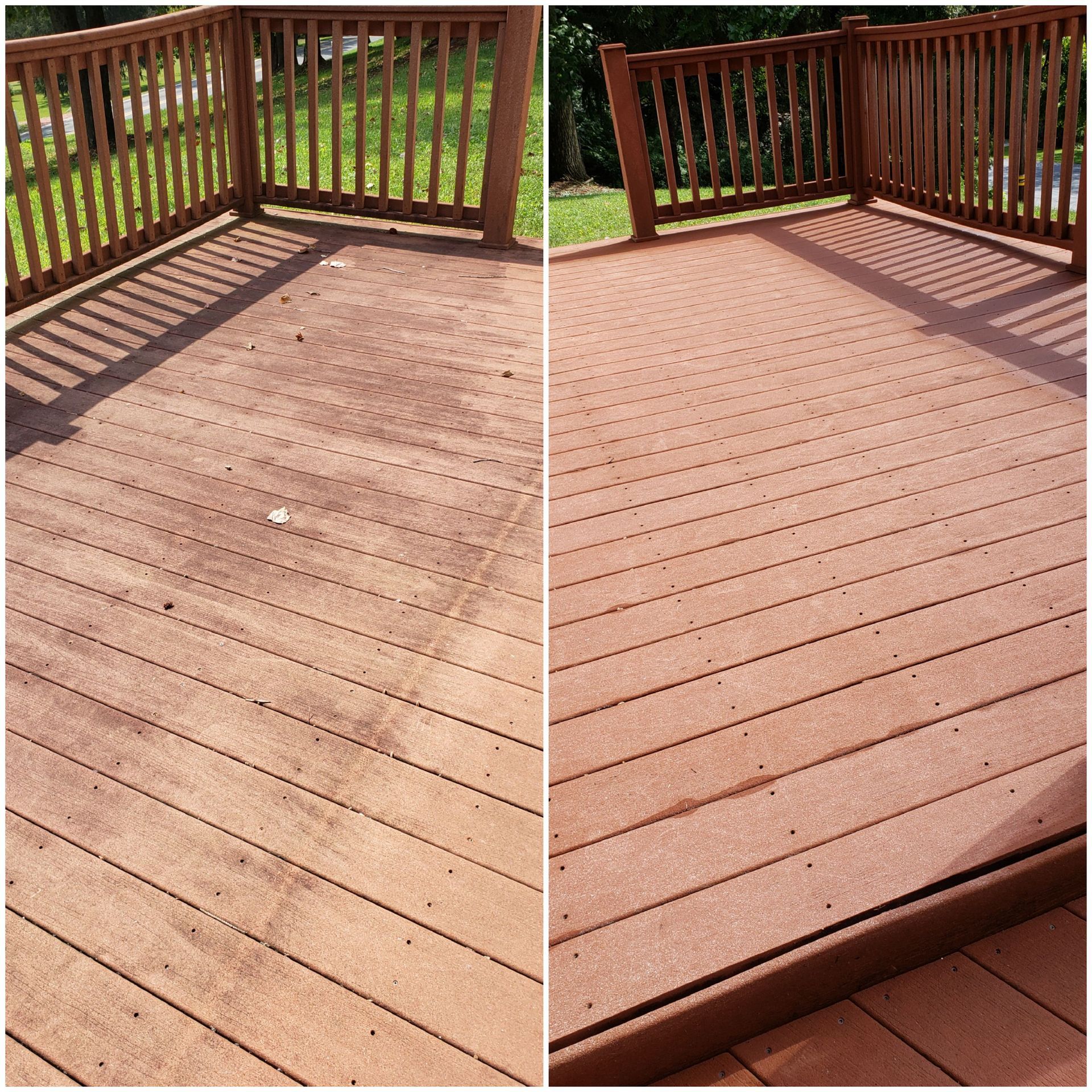 A before and after photo of a wooden deck