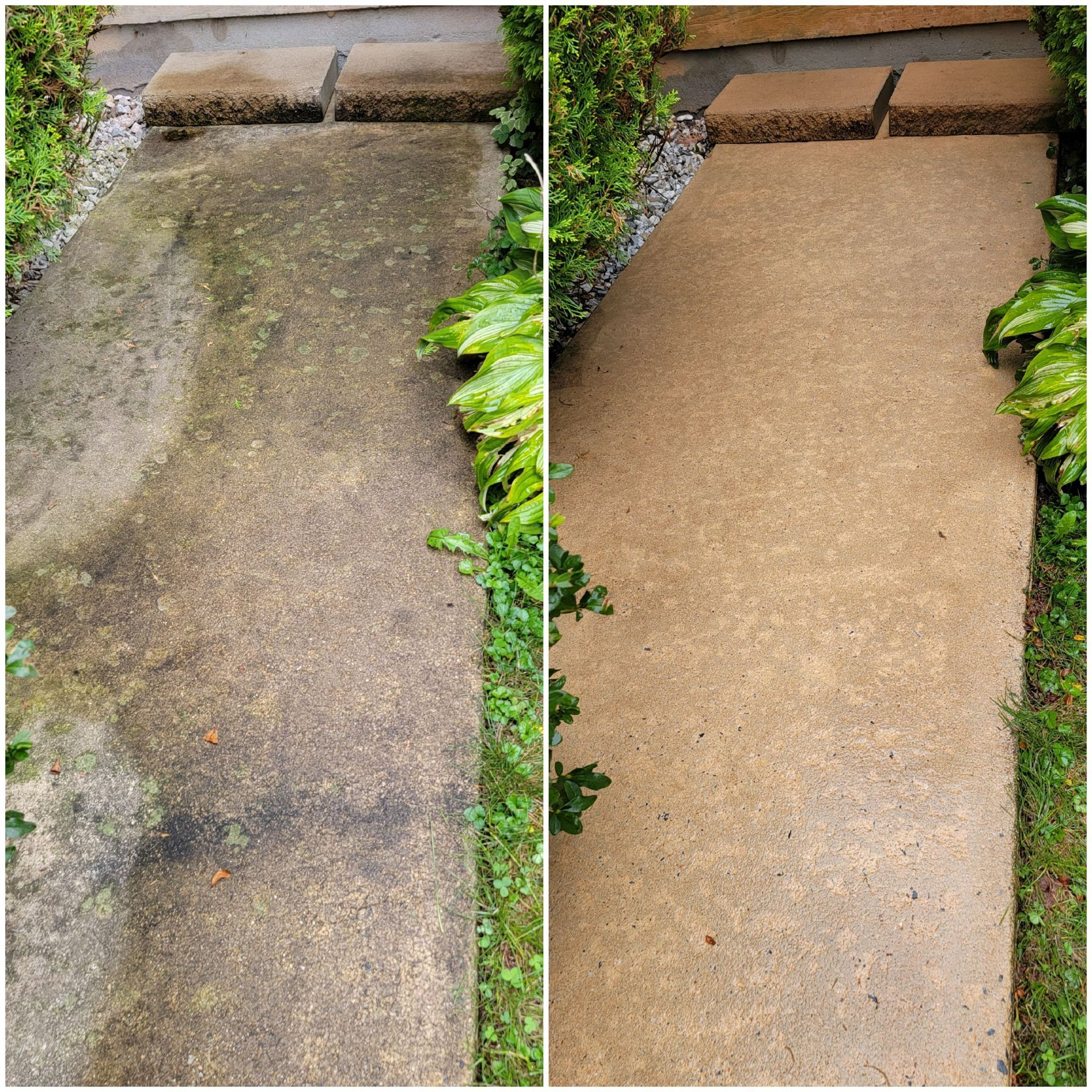 A before and after photo of a concrete walkway