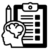 Clipboard with checklist and pencil beside a head silhouette with a brain icon