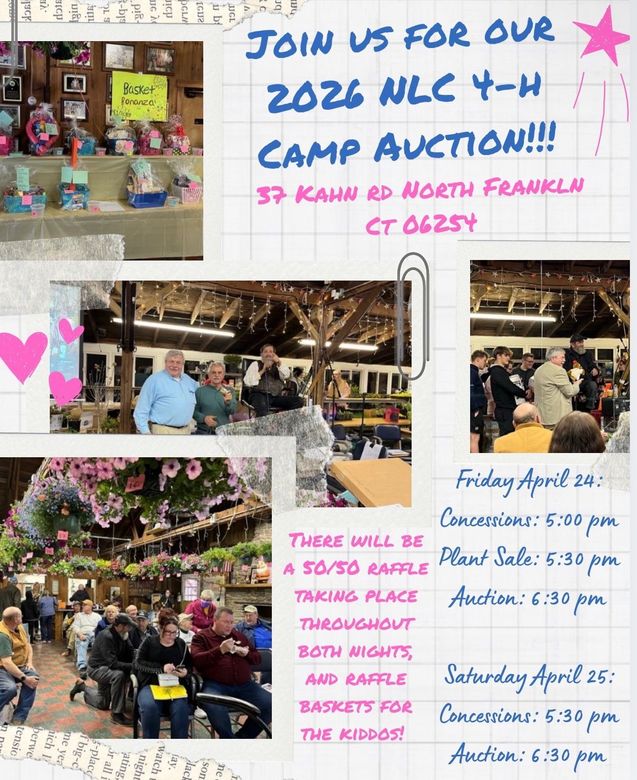 Event flyer for the 2026 NLC 4-H Camp Auction in North Franklin, CT, featuring event photos, dates, and times.