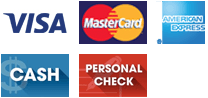 Visa, MasterCard. AMEX, Cash, Personal Check