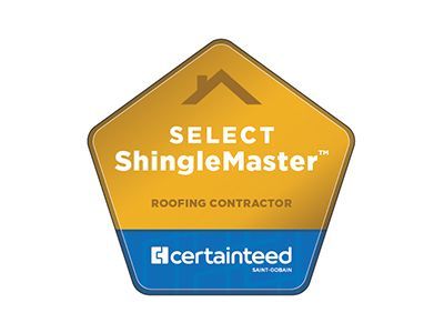 Select ShingleMaster Roofing Contractor badge by CertainTeed, gold and blue, featuring a house icon.