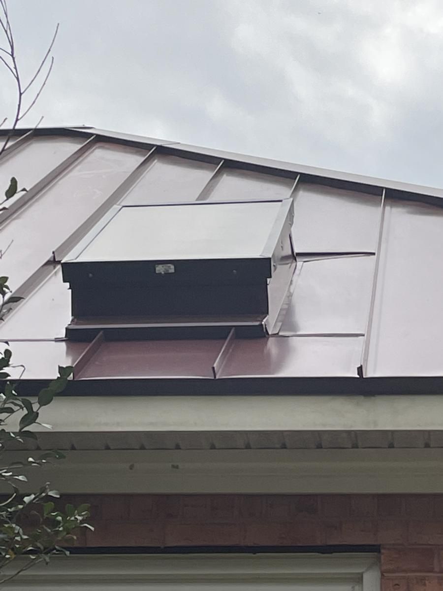 A dark-framed skylight sits on a maroon metal roof. Overcast sky.