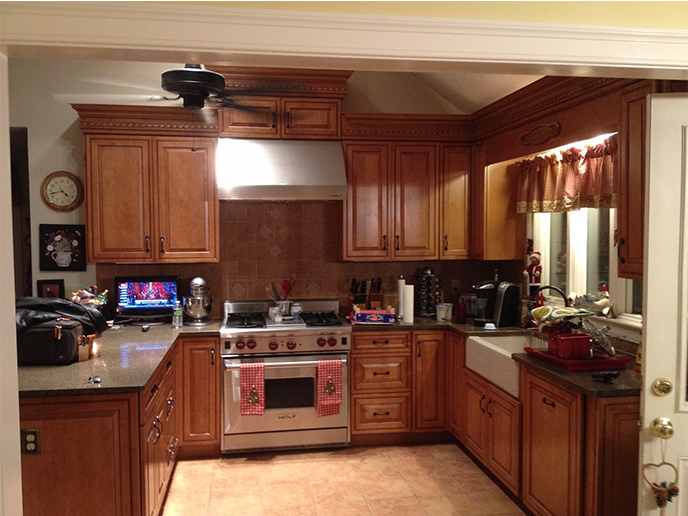 Dark brown cabinets in the kitchen