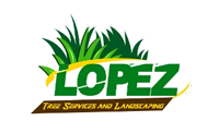 Logo: "LOPEZ" in green, with grass and yellow arc, "Tree Services and Landscaping" below on brown banner.