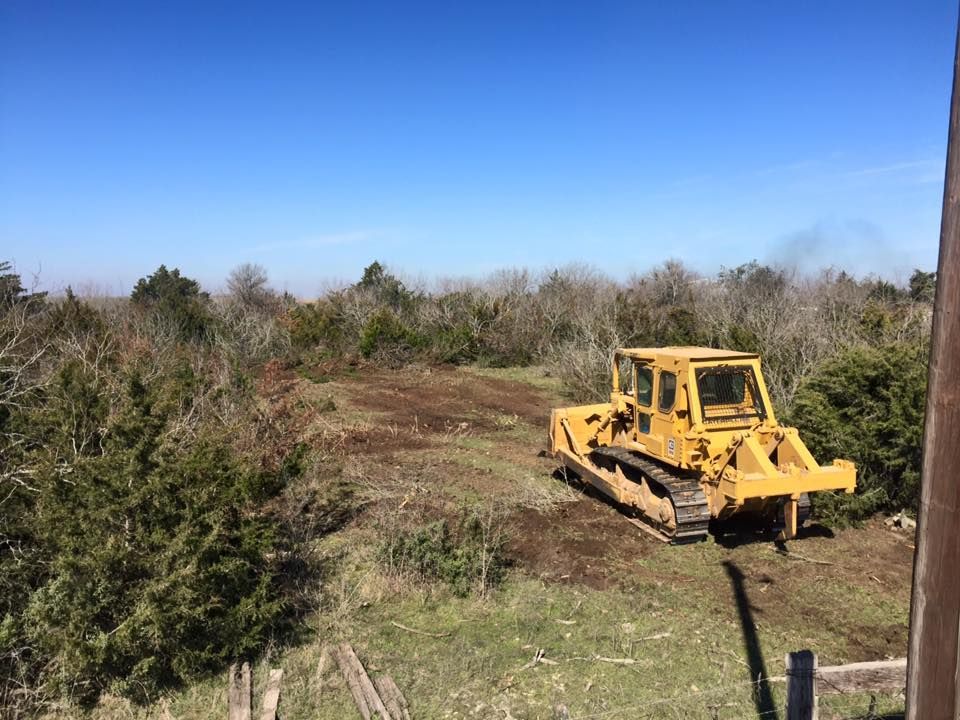 A yellow bulldozer is driving through a grassy field.