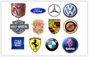 Dodge, Ford, Mercedes Benz, Volkswagen, Hardley-Davidson Motorcycles, Cadillac, Porsche, Chrysler , GM, Ferrari, BMW, SAAB logo