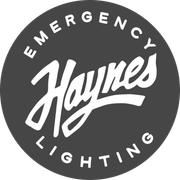 Logo: Dark gray circle with white text "Emergency Lighting" encircling "Haynes" in stylized cursive.