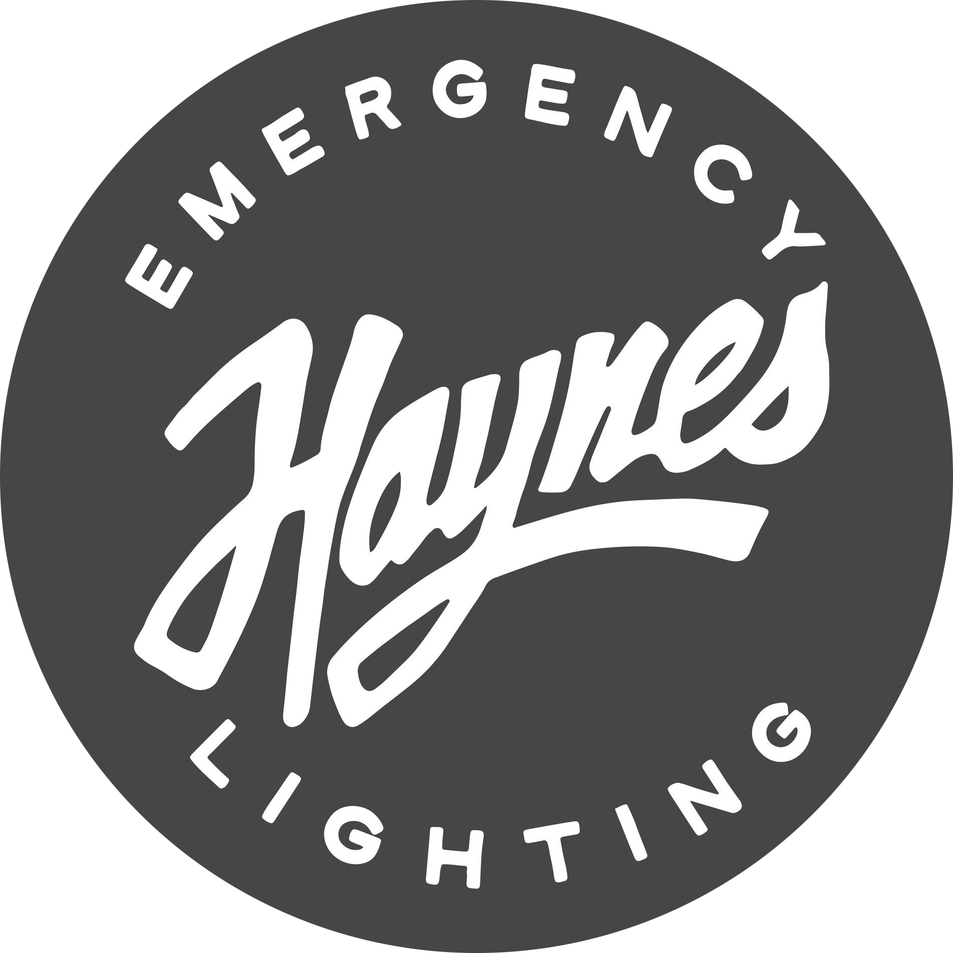 Logo: Dark gray circle with white text "Emergency Lighting" encircling "Haynes" in stylized cursive.