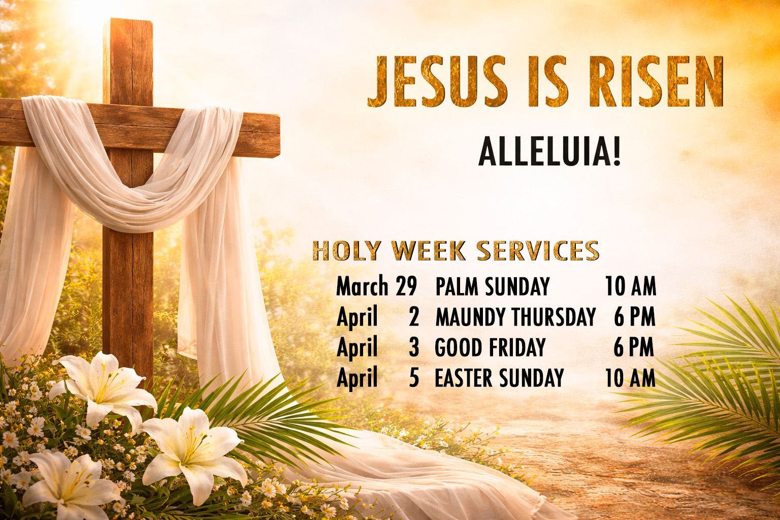 Interior of a church sanctuary with a large wooden cross on a white wall above an altar. Wooden pews line the foreground.