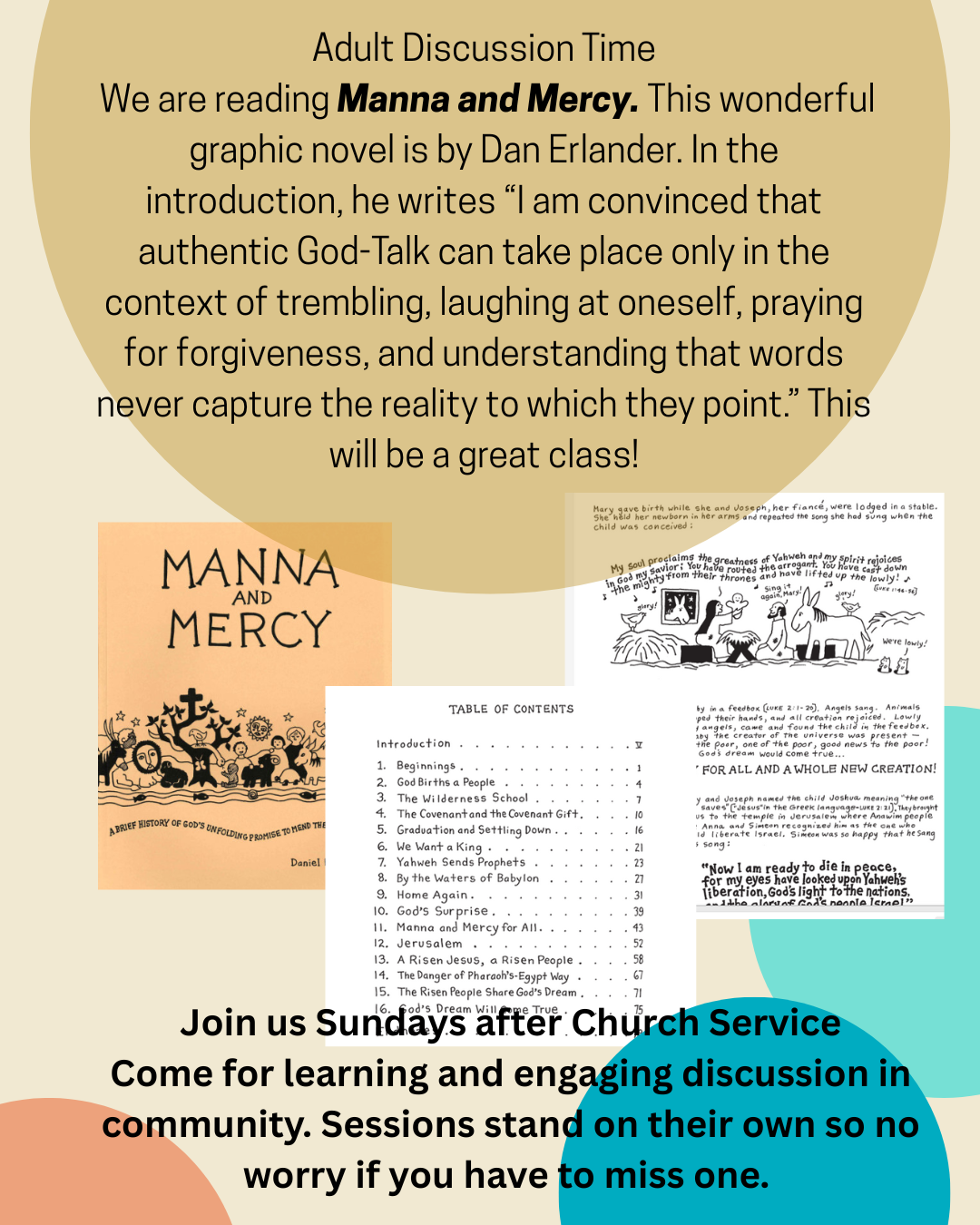 A poster with a book called manna and mercy on it